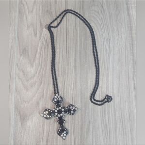 Cross Pendant Necklace Black Rope Chain Y2K Metal Rhinestones Blingy Goth